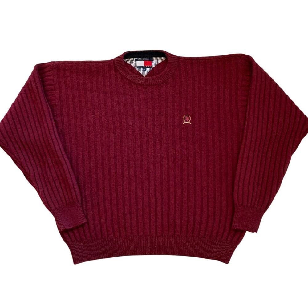 Tommy Hilfiger Wool Sweater Mens Sz 2XL Red Ribbed Pullover Crew Neck Y2K Preppy